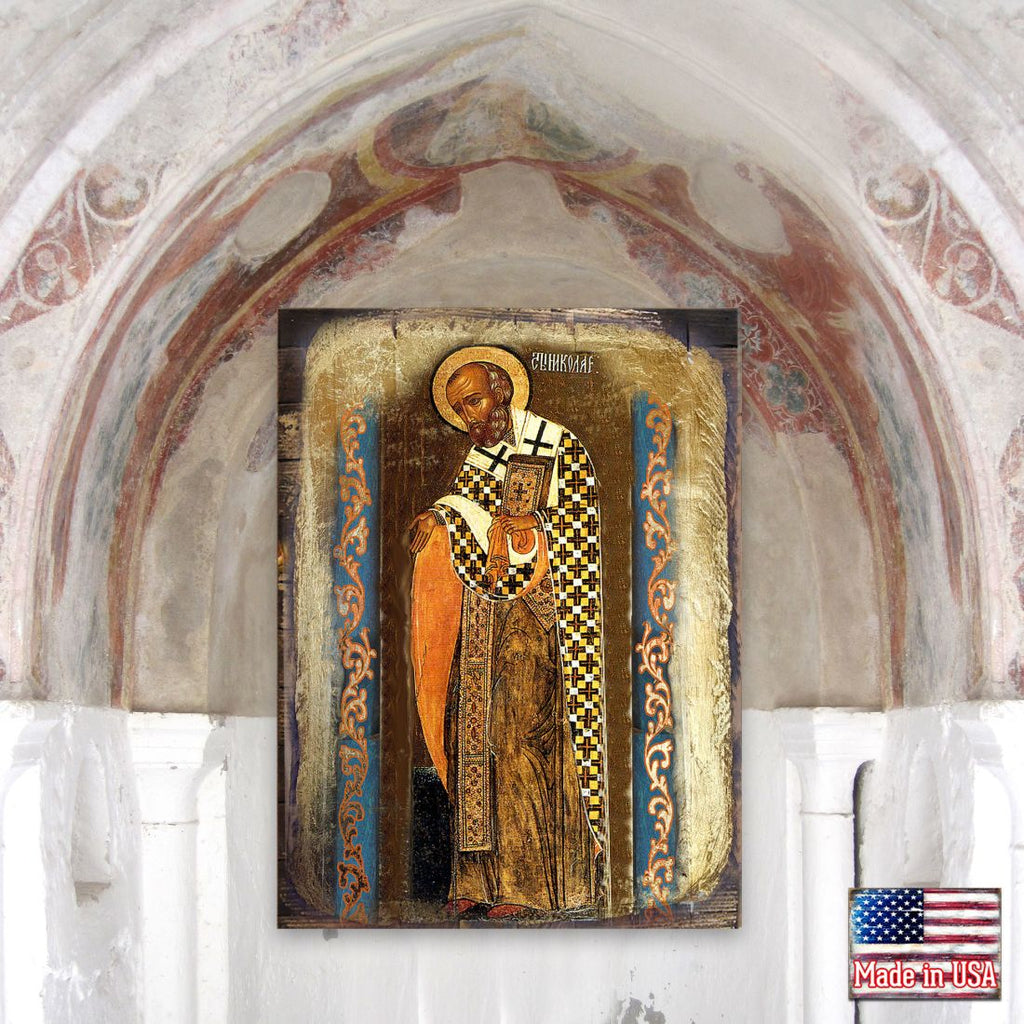 Saint Nicholas Wooden Gold Plated Religious Orthodox Sacred Icon - Inspirational Icon Decor - 85033