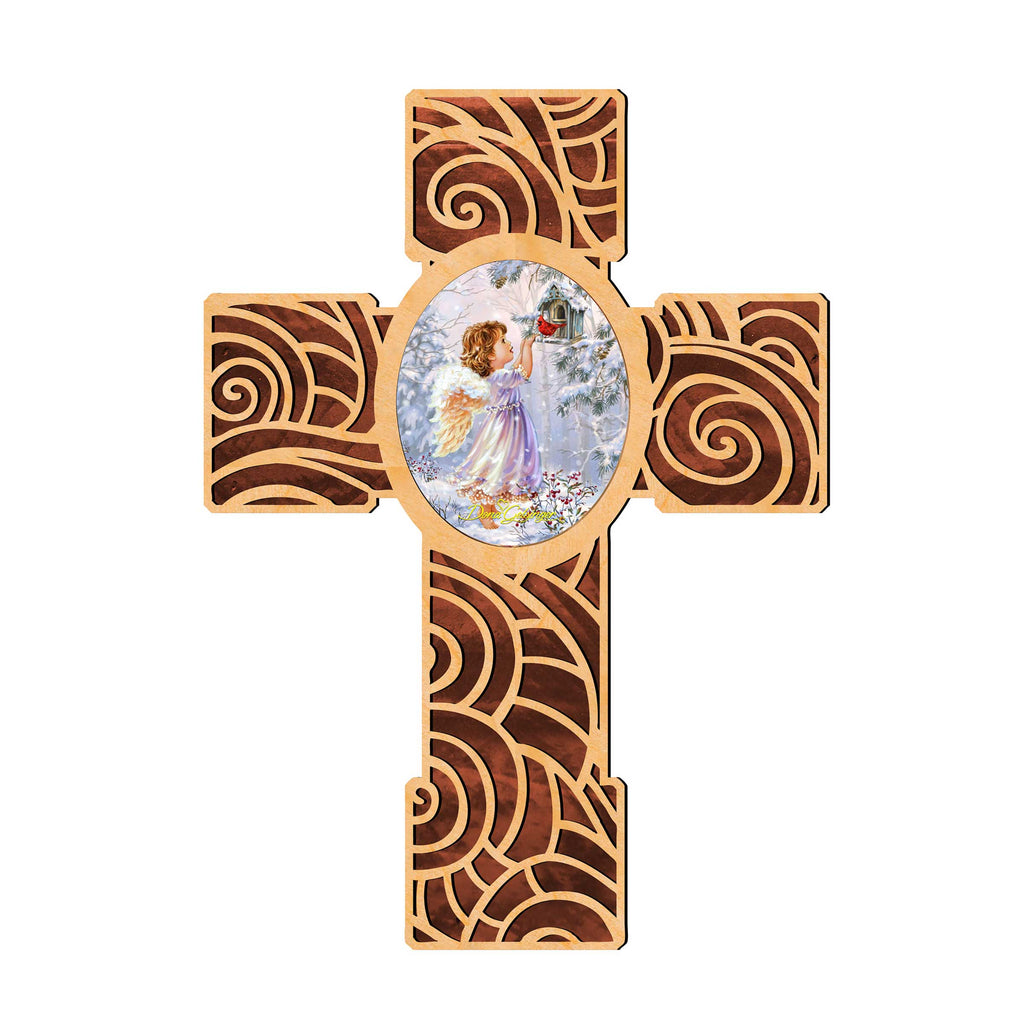 Red Robin Girl Angel Modern Wooden Cross by D. Gelsinger - Inspirational Icon Decor - 88285-DG