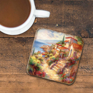 Mediterranean Sea-side Wooden Cork Coasters Gift Set of 4 by G. Debrekht - Coastal Holiday Decor - 8199475C-S4
