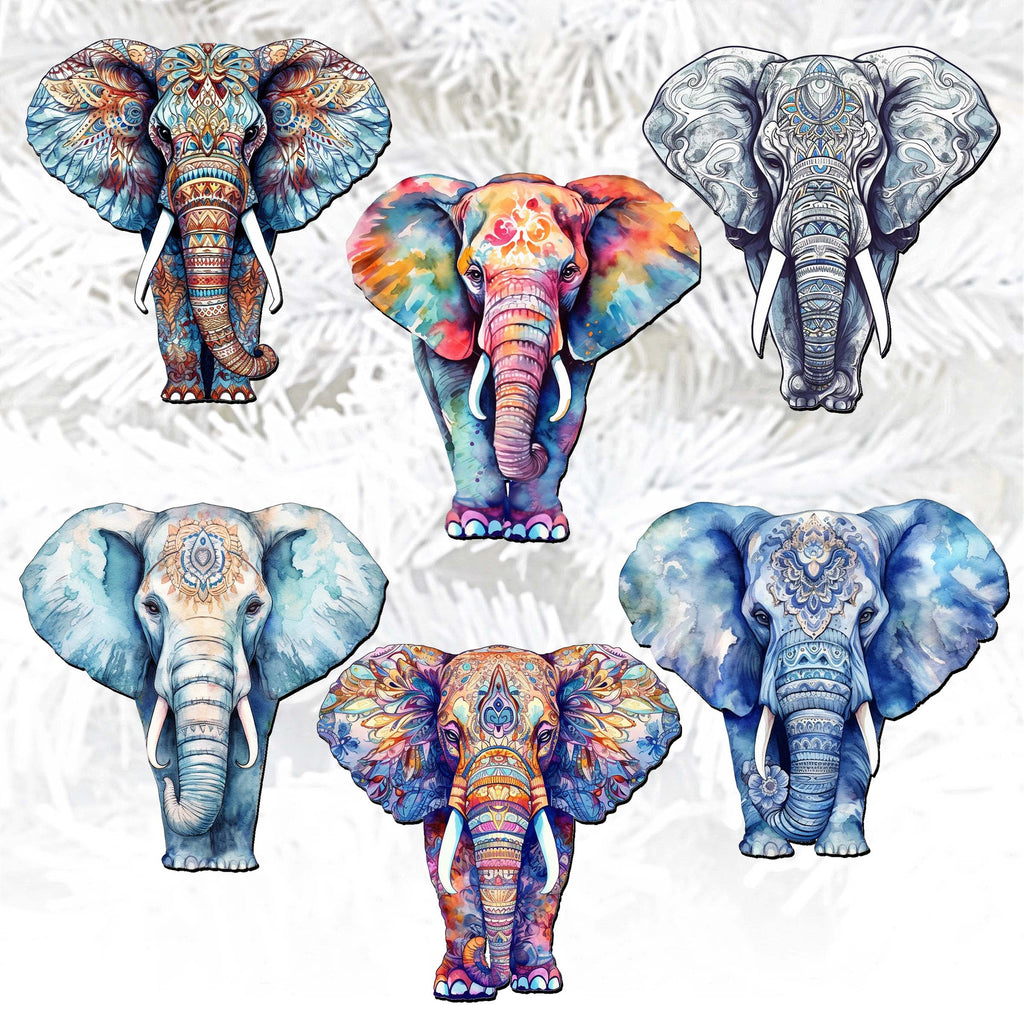 Elephants Clip-On Eco Wood Decorative Ornaments Set of 6 by G. Debrekht - Christmas Decor - 8090036C-S6