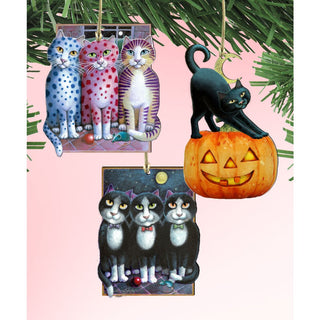 Halloween Patty Cats Wooden Ornaments Set of 3 by Laura Seeley - Thanksgiving Halloween Decor - 8100094S3-LS