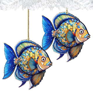 Wooden Christmas Tree Decorations - Blue Fish Wooden Ornaments by G.Debrekht Coastal Holiday Decor - 8688301