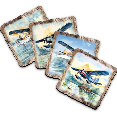 four square tiles, each depicting a different scene of a seaplane flying over water, with varying landscapes and weather conditions.