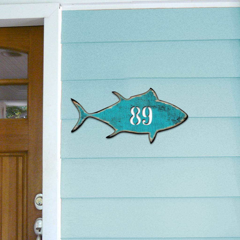 Tuna Fish Coastal Personalized House Number Sign by G. Debrekht - Coastal Sea-Life Decor - Handcrafted Wooden Handcrafted Wooden Handcrafted Wooden Address Sign - MA98548