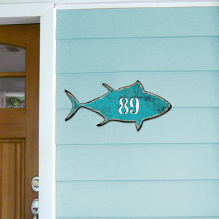 Tuna Fish Coastal Personalized House Number Sign by G. Debrekht - Coastal Sea-Life Decor - Handcrafted Wooden Handcrafted Wooden Handcrafted Wooden Address Sign - MA98548