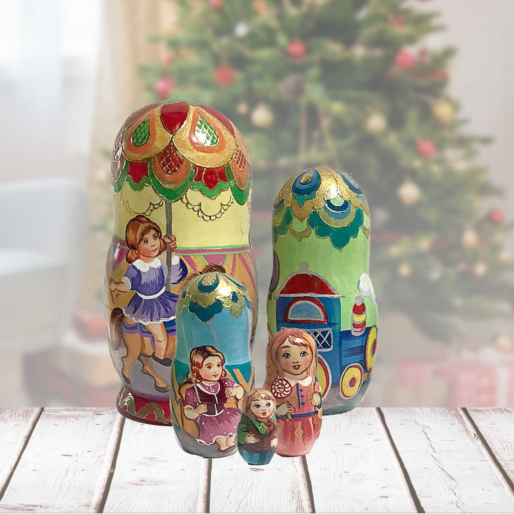 Carousel Ride Matreshka Nesting Hand-Painted Doll Set of 5 by G. DeBrekht - Christmas Decor - 1300914