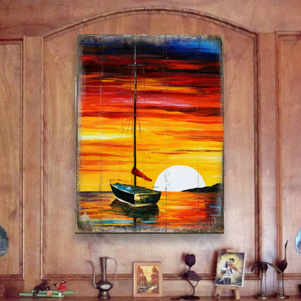 Alberty Sailboat Sunset Wooden Coastal Wall Art by Nature Wonders - Coastal Sea-Life Decor - 95323B