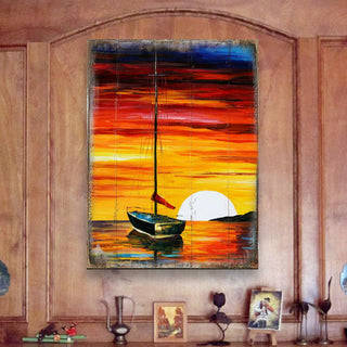 Alberty Sailboat Sunset Wooden Coastal Wall Art by Nature Wonders - Coastal Sea-Life Decor - 95323B