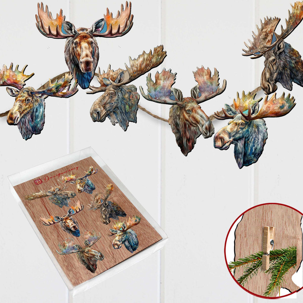 Majestic Moose Clip-On Eco Wood Decorative Ornaments Set of 6 by G. Debrekht - Wildlife Decor - 8090108C-S6
