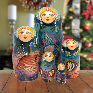 Sea Princess Matreshka Stacking Hand-Painted Dolls Set of 5 by G. DeBrekht - Coastal Holiday Decor - 130116