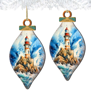 Wooden Christmas Tree Decorations - Lighthouse Wooden Ornaments by G.Debrekht Coastal Holiday Decor - 8688177