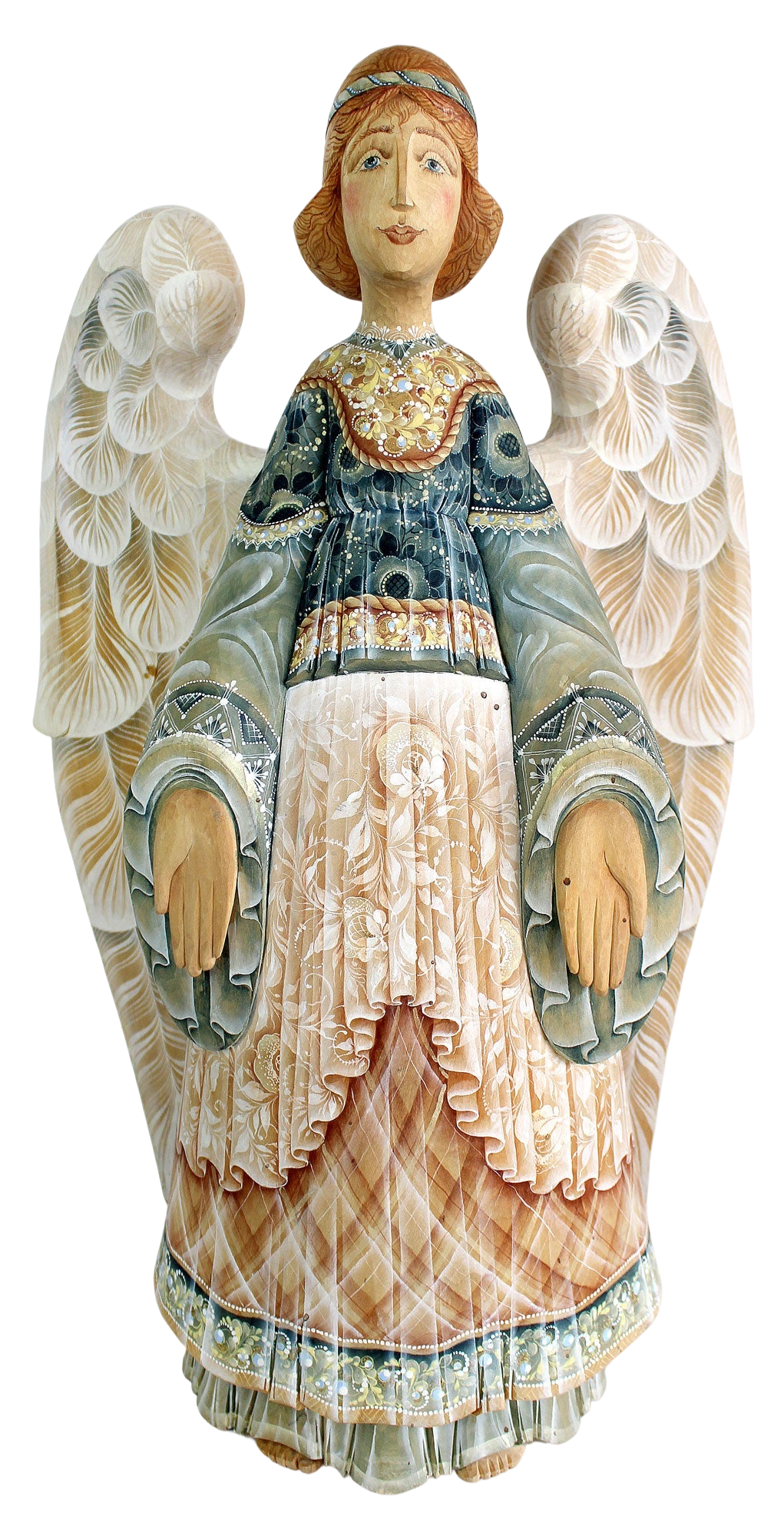 A wooden angel figurine with intricate details and a flowing dress stands against a black background.