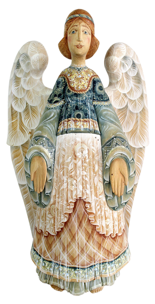 A wooden angel figurine with intricate details and a flowing dress stands against a black background.