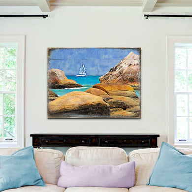 Sailboat on The Rocky Shore Wooden Coastal Wall Art by Nature Wonders - Coastal Sea-Life Decor - 95274B