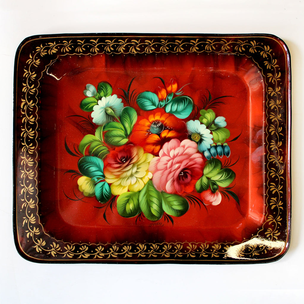Authentic Zhostovo Hand-Painted Black Metal Tray - Floral Kitchenware Gift One-of-a-Kind Work of Art by G. Debrekht 13 x 11 - Functional Kitchenware Table and Unique Wall Decor