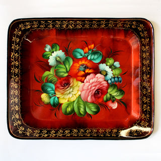 Authentic Zhostovo Hand-Painted Black Metal Tray - Floral Kitchenware Gift One-of-a-Kind Work of Art by G. Debrekht 13 x 11 - Functional Kitchenware Table and Unique Wall Decor