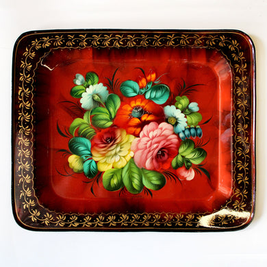 Authentic Zhostovo Hand-Painted Black Metal Tray - Floral Kitchenware Gift One-of-a-Kind Work of Art by G. Debrekht 13 x 11 - Functional Kitchenware Table and Unique Wall Decor