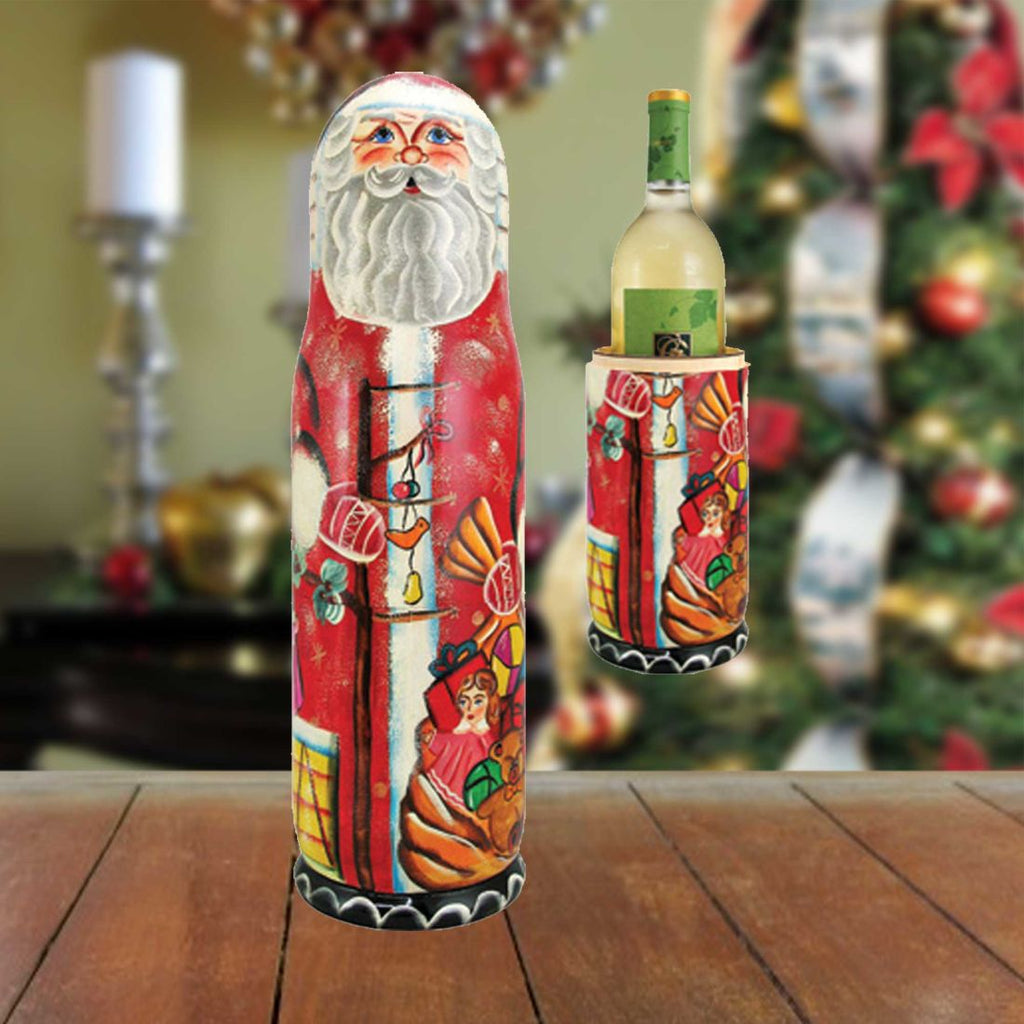 Santa Wine Hand-Painted Wooden Bottle Holder, Wine Box, Tall Gift Box by G. DeBrekht - Christmas: Santa Snowman Decor - 190503