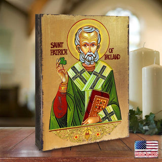 Saint Patrick Wooden Gold Plated Religious Christian Sacred Icon - Celtic Decor - 85060