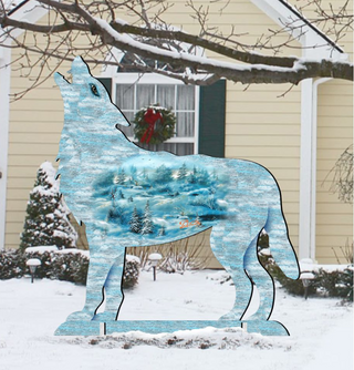 A wooden wolf statue stands in a snowy landscape, its eyes focused upwards as if howling.