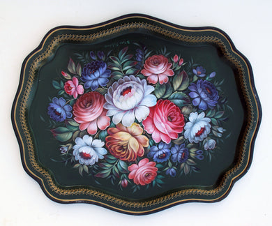 One-of-a-Kind Authentic Zhostovo Metal Tray Hand-Painted by Tatiana Sholohova 18 x 15 Functional Kitchenware Table and Unique Wall Decor