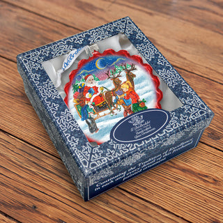 a blue and white box with a picture of santa on a sleigh