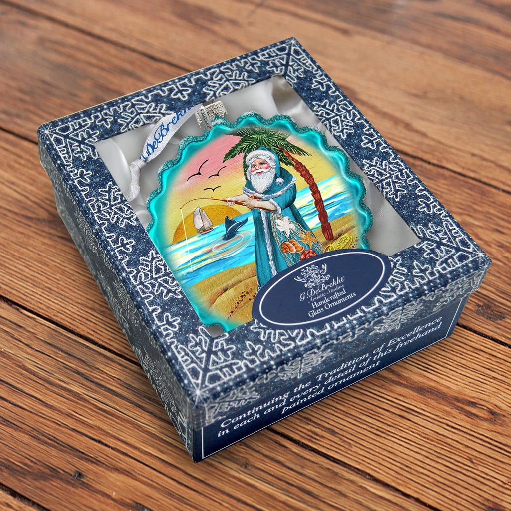 Santa with Shells Wreath Glass Ornament by G. DeBrekht - Coastal Holiday Decor - 759-041