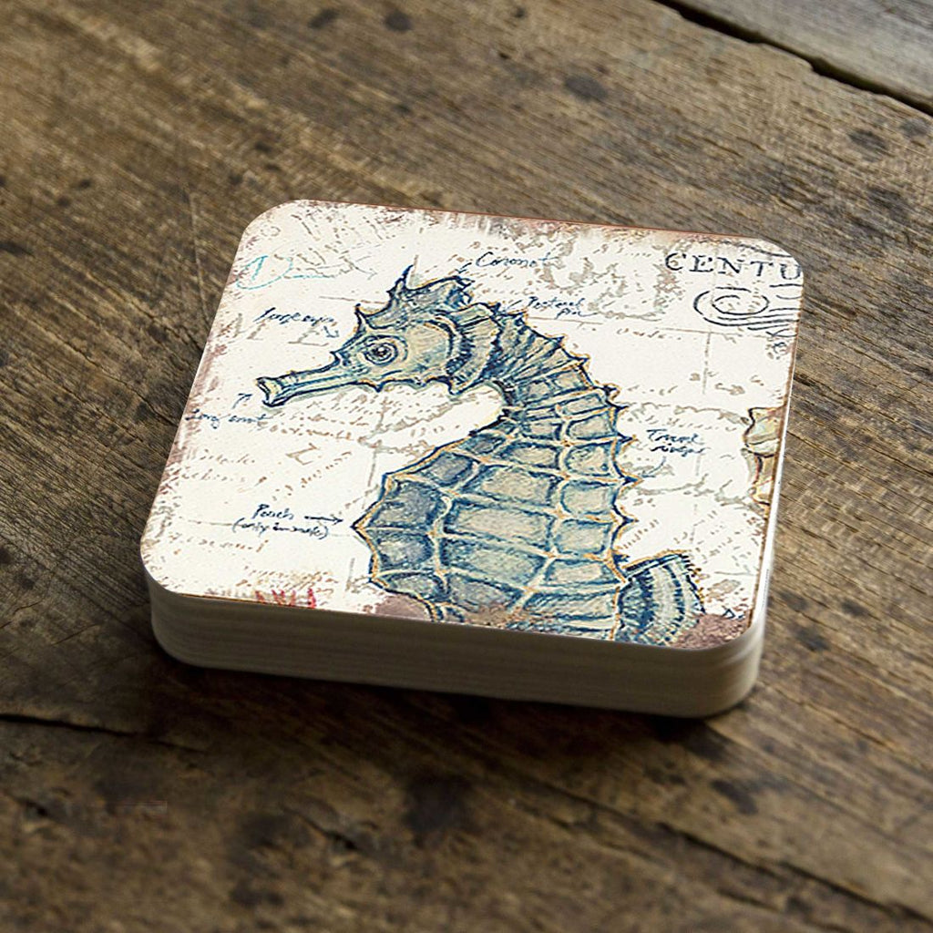 Seahorse Coastal Wooden Cork Coasters Gift Set of 4 by Nature Wonders - Coastal Sea-Life Decor - 8198621C-S4