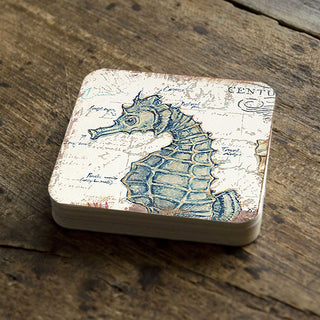 Seahorse Coastal Wooden Cork Coasters Gift Set of 4 by Nature Wonders - Coastal Sea-Life Decor - 8198621C-S4