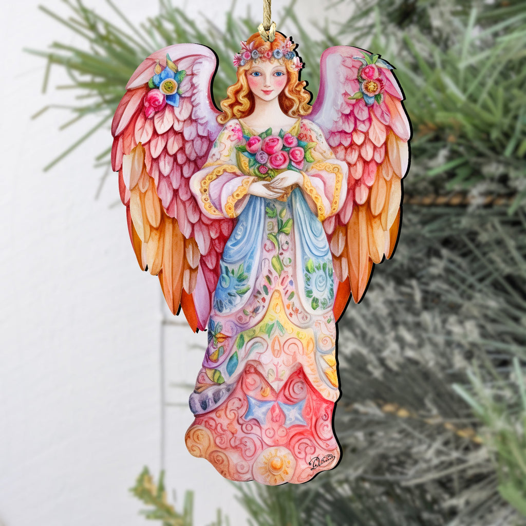 Pink Floral Angel Wooden Ornaments by G. DeBrekht Nativity Holiday Decor - 8611023