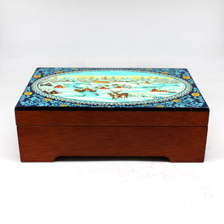 One-of-a-Kind Winter Village Lacquered & Polished WOODCARVED Music Jewelry BOX 9x6x3 - Handcarved Unique Home Decoration and Beautiful Gift Rare Find Collectible, Unique Hand Carved Gift