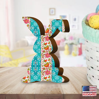 Quilted Sea Blue Bunny with Flowers Decorative Figurine by G. DeBrekht - Easter Spring Decor - 8154428S