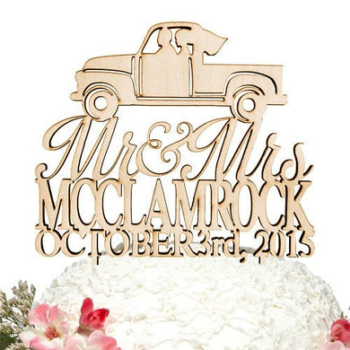 Wedding Cake Topper - Natural wood Custom Mr. and Mrs. in Vintage Pickup Truck Cake Topper with Date #94339