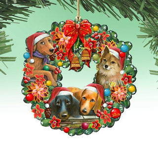 Christmas Friends Puppy Wreath Wooden Ornaments by G. DeBrekht - Pets Dog and Cats Decor - 8185307-6-SL