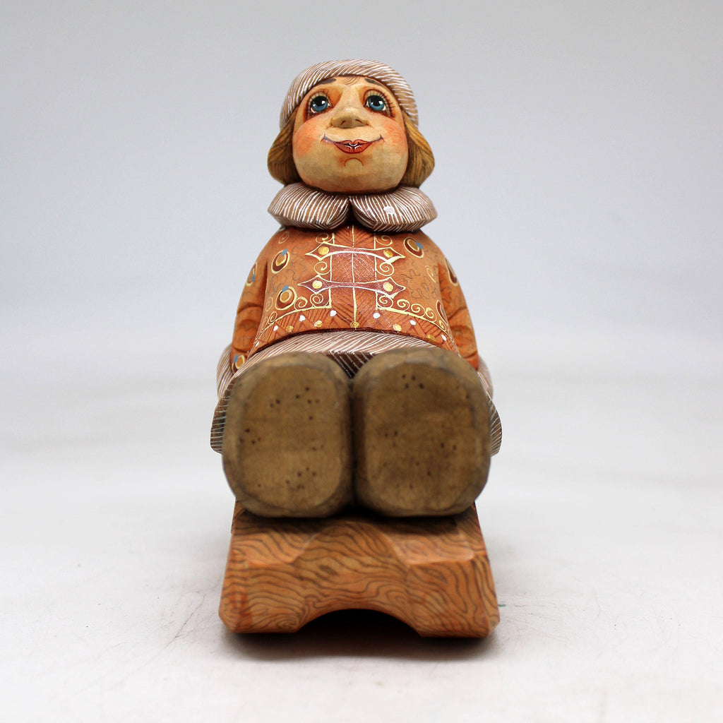 One-of-a-Kind Boy on Sleigh WOODCARVED Figurine 5x3.5x2.5
