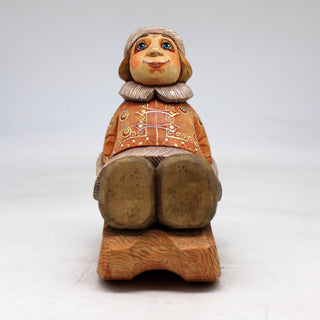 One-of-a-Kind Boy on Sleigh WOODCARVED Figurine 5x3.5x2.5