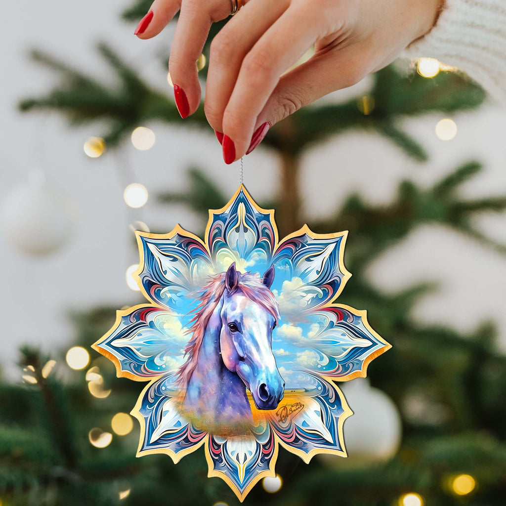 White Horse Snowflake Wooden Ornaments by G. Debrekht - Nature Wildlife Decor - 8688433