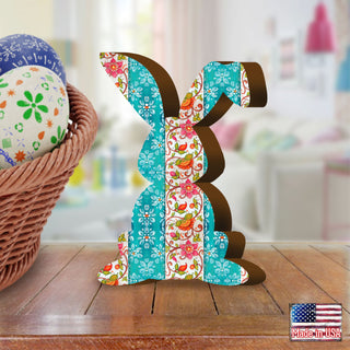 Quilted Sea Blue Bunny with Flowers Decorative Figurine by G. DeBrekht - Easter Spring Decor - 8154428S