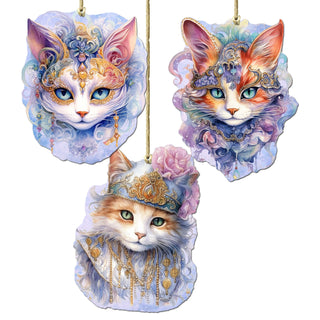 Beautiful Cats Decorative Eco Wood Ornaments Set of 3 by G. Debrekht - Christmas Decor - 8091033-S3