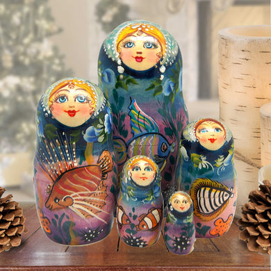 Sea Princess Matreshka Stacking Hand-Painted Dolls Set of 5 by G. DeBrekht - Coastal Holiday Decor - 130116