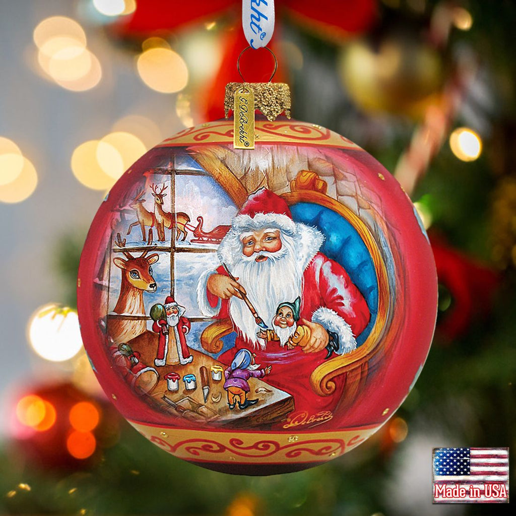 Santa Workshop Ball Glass Ornament by G. DeBrekht - Christmas Santa Snowman Decor - 73611