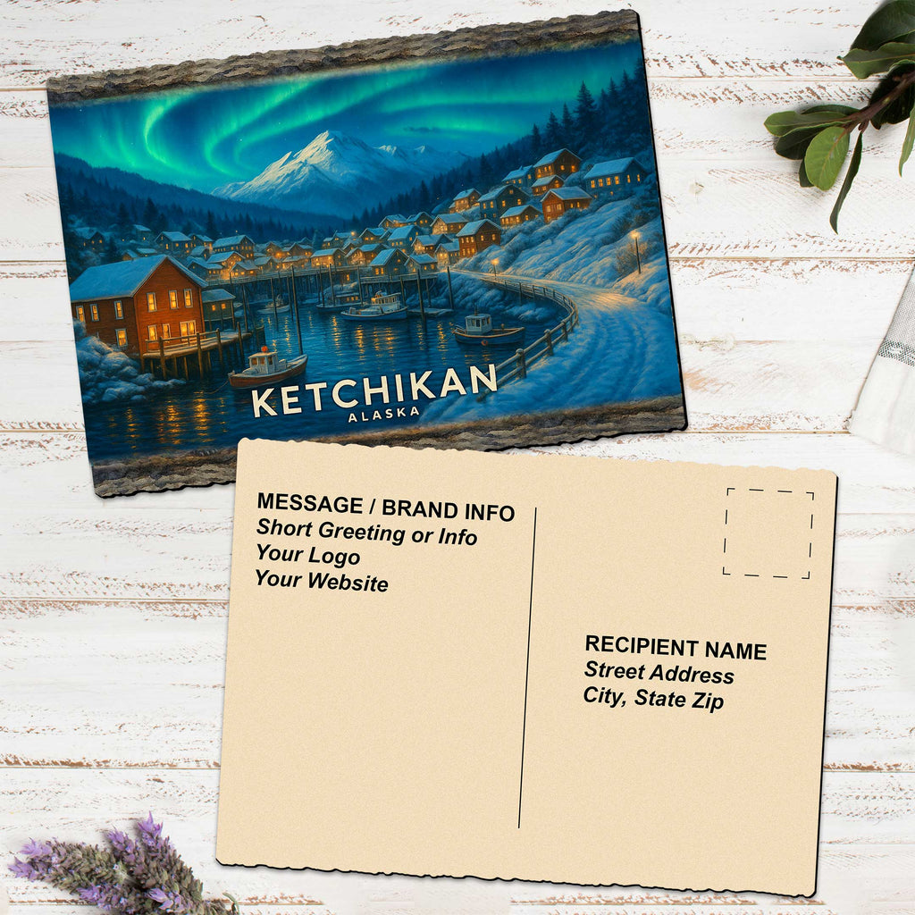 a postcard with a scenic winter landscape of a village and a mountain, along with a blank recipient's name card.