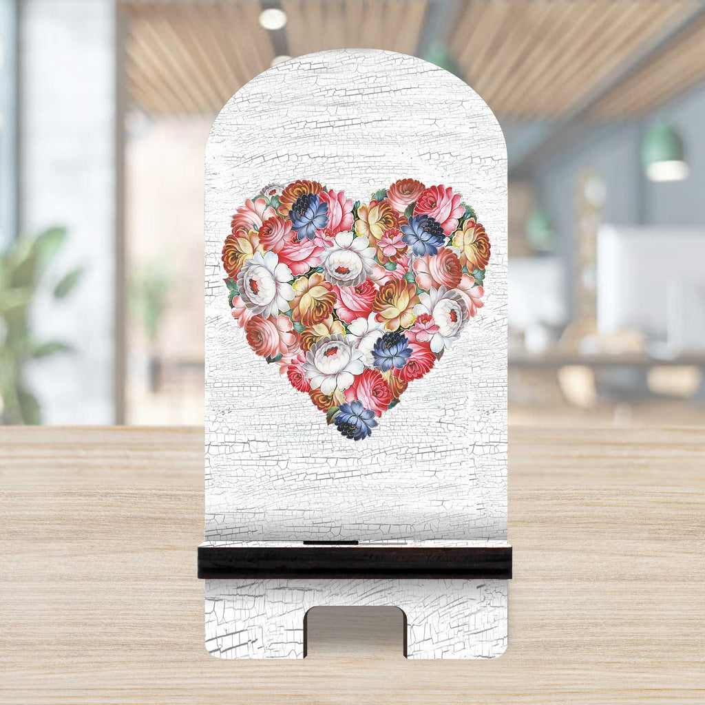 Flowers Heart Decor Cell Phone Stand Wood Mobile Tablet Holder Charging Station Organizer - 892036