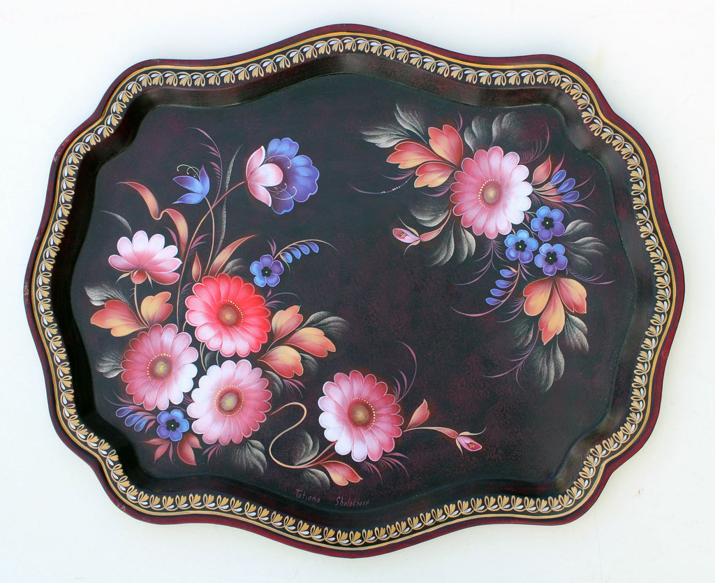 One-of-a-Kind Authentic Zhostovo Metal Tray Hand-Painted by Tatiana Sholokhova 18 x 15 - Functional Kitchenware and Unique Wall Decor