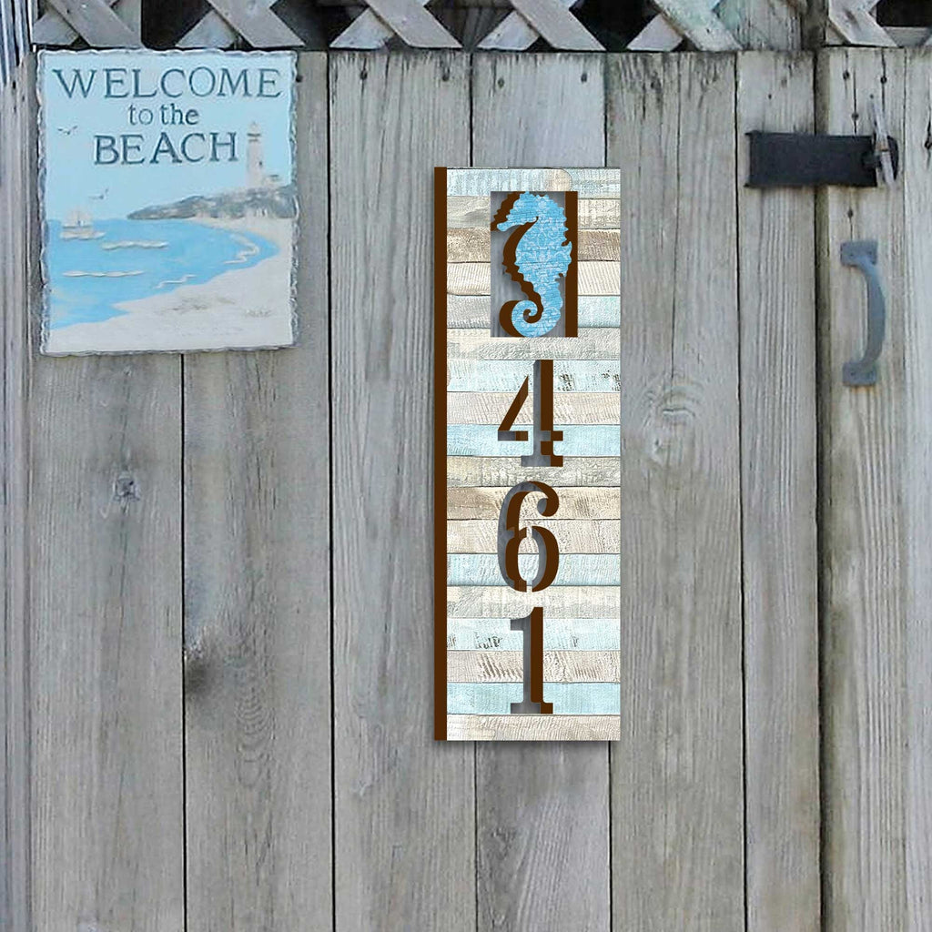 Address Sign - House Numbers - Coastal Door Numbers Sign with Seahorse Design - Wooden House Number Plaque - Custom Home Address Sign MA989814