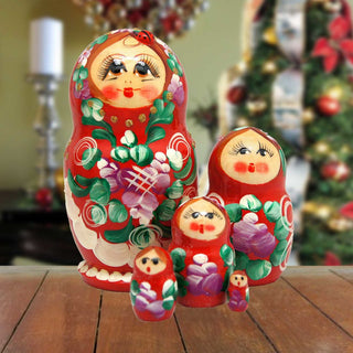 Traditional Red Matreshka Nesting Hand-Painted Dolls Set of 5 by G. DeBrekht - Christmas Decor - 140135