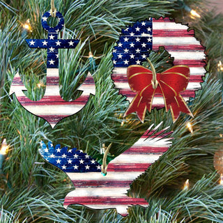 Patriotic Holiday Wreath Wooden Ornaments Set of 3 - American Christmas Decor - 8100039S3
