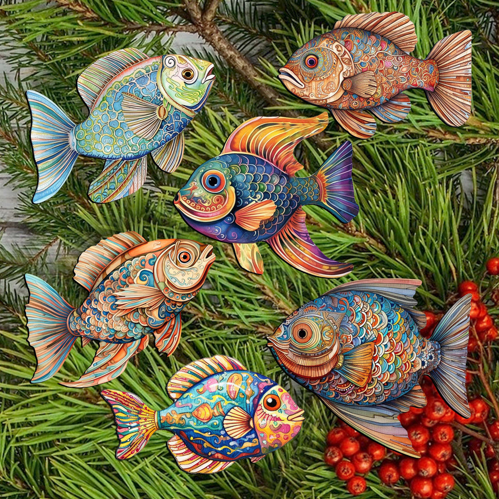 Coastal Fish Clip-On Eco Wood Decorative Ornaments Set of 6 by G. Debrekht - Coastal Decor - 8090034C-S6