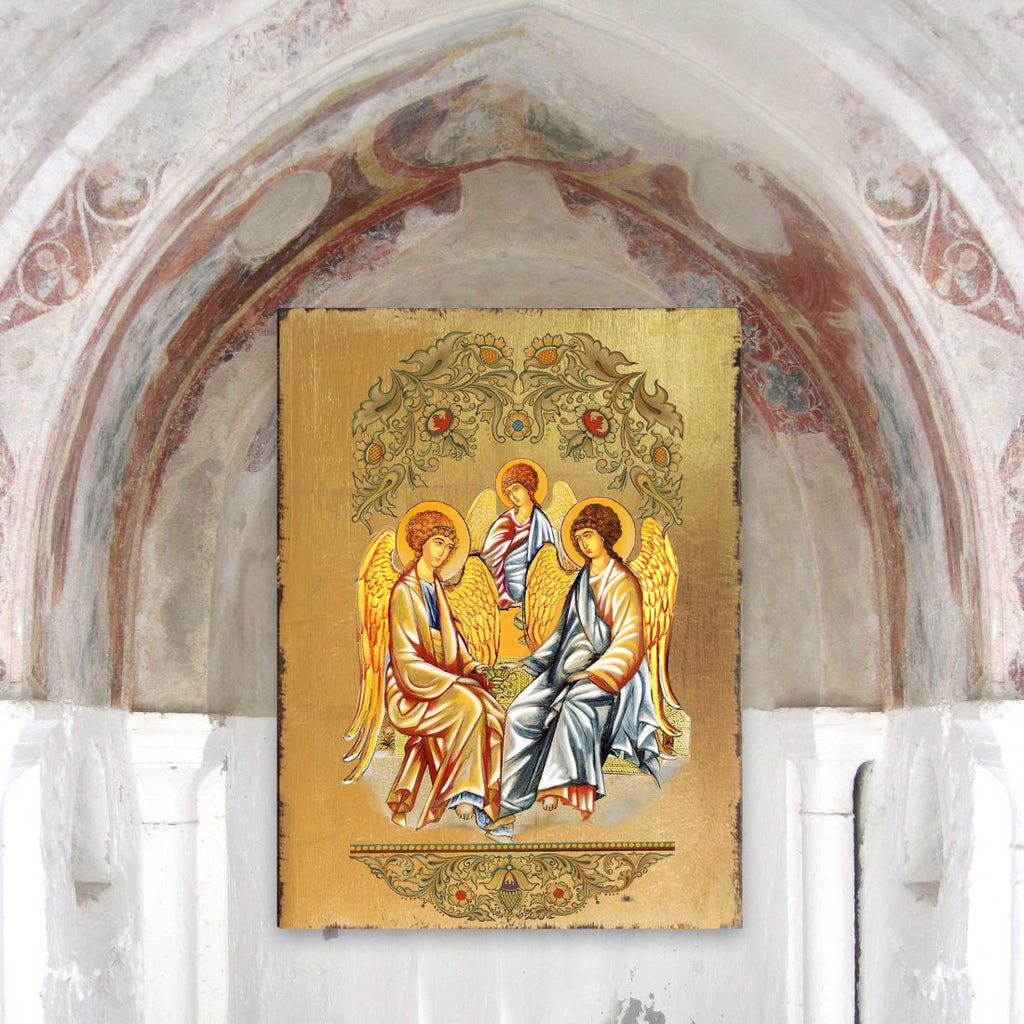 Old Testament Trinity Wooden Gold Plated Religious Orthodox Sacred Icon - Inspirational Icon Decor - 85015