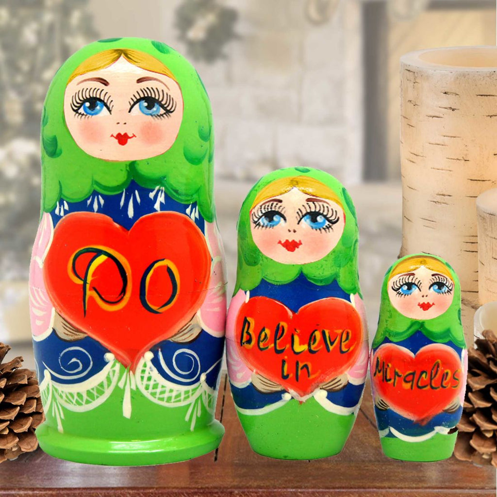 Do Believe in Miracles Matreshka Nesting Hand-Painted Doll Set of 3 by G. DeBrekht - Love Family Kids Decor - 14708